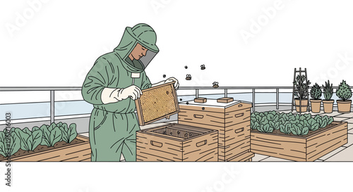 Urban Beekeeper Tending Hives on a Rooftop Garden
