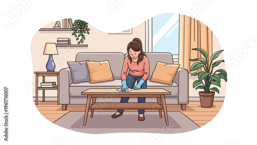 Young woman wearing gloves while wiping a wooden coffee table in a modern living room to maintain a clean home environment.
