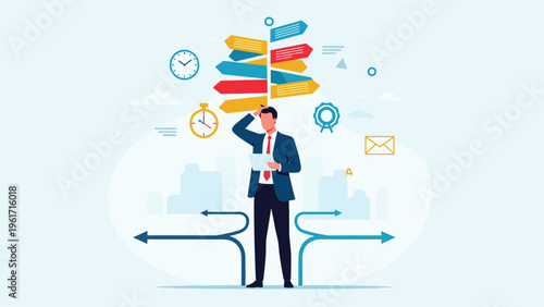 Confused businessman standing at a crossroad with multiple colorful arrows pointing in different directions for career choice.
