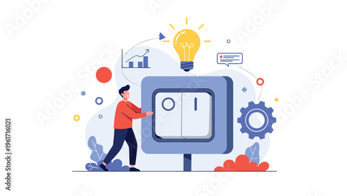 Young man kneeling and using scissors to prune the leaves of a large monstera plant in a cozy home environment with hanging plants.