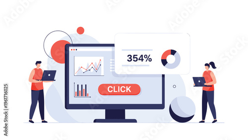Business data analysis concept showing tiny people working with a giant computer screen displaying financial charts and graphs.