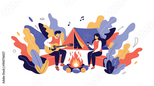 Happy couple enjoying a camping trip at night with a bonfire and tent while playing guitar and drinking coffee outdoors.