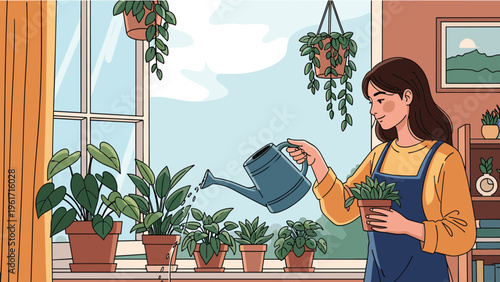 Young woman taking care of her home garden by watering indoor plants near a bright window with a blue watering can.