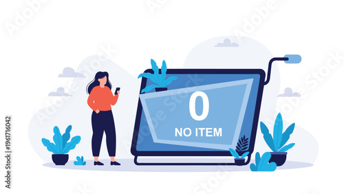 Digital shopping error concept showing an empty online cart with no items on a screen and a woman using her smartphone.