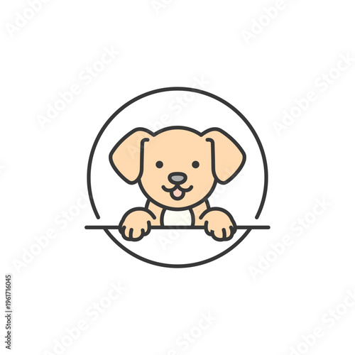 Playful pet logo icon featuring a cute brown puppy with floppy ears in a circular outline, perfect for animal care branding, dog training services, or educational design themes.