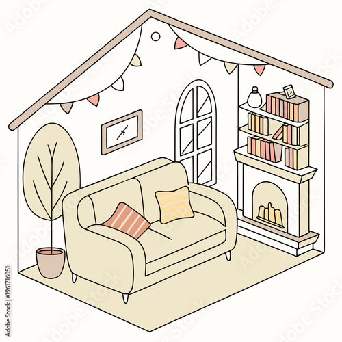 A living room with a couch and a fireplace