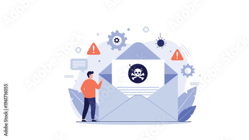 Cybersecurity alert concept with a man standing near a large open envelope containing a malicious letter with a skull symbol.