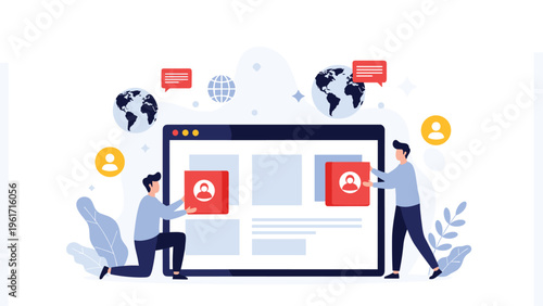 Web developers building a user profile interface for a website or mobile application with blocks and world map elements.