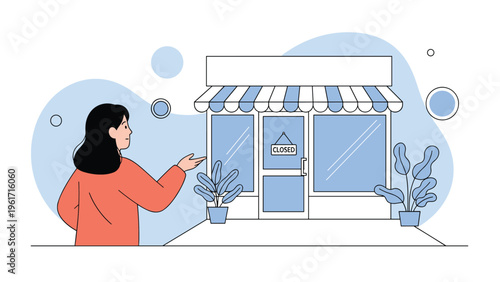 Young woman feeling disappointed while looking at a closed store with a sign on the glass door in an urban setting.