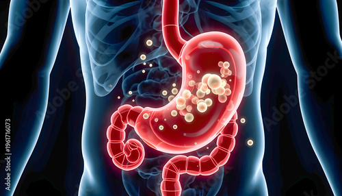 Lactose Intolerance Concept, Stomach Reacting to Milk Particles with Gas Bubbles and Bloating Effect, Digestive Discomfort Medical Illustration, Realistic Anatomy 8K No Face Poster
