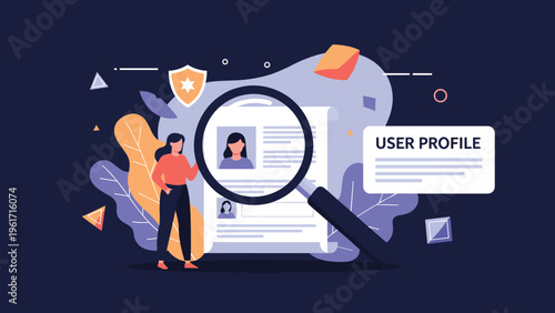 Personal data verification concept showing a magnifying glass searching through a user profile document for security checks.