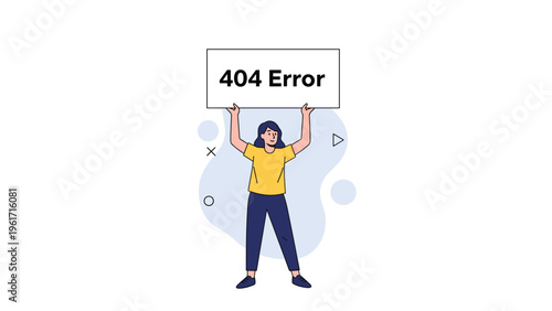 Young woman holding a large rectangular sign with 404 error text to signify a broken link or page not found on a website.