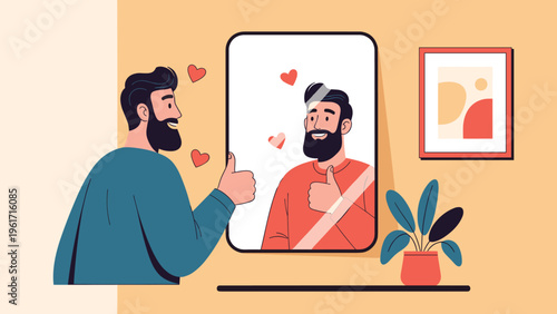 Confident man giving himself a thumbs up in the mirror while feeling happy and motivated in a cozy room with plants.
