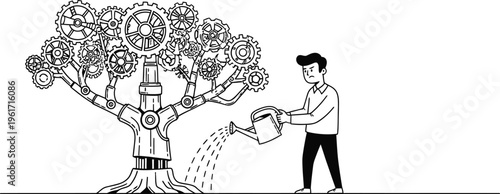 Nurturing Innovation Man Waters Gear Tree of Progress