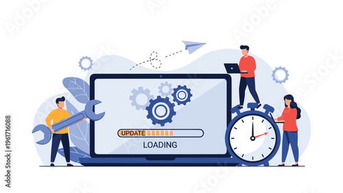 Software update concept showing a laptop screen with a loading progress bar and tiny people working on system maintenance.