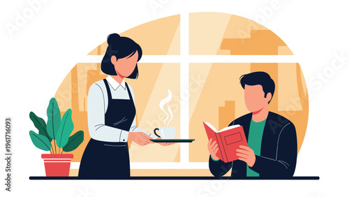Friendly waitress serving a hot cup of coffee to a male customer reading a book in a modern cafe near a large window.
