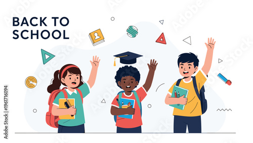 Group of diverse happy school children with backpacks and books standing together under the text back to school.