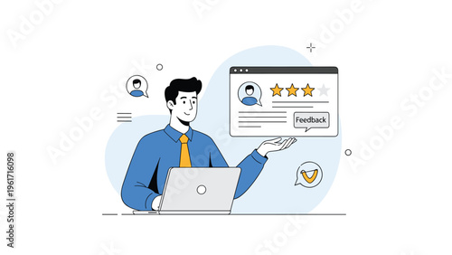 Customer feedback and rating concept featuring a man presenting a five star review interface on a digital screen.
