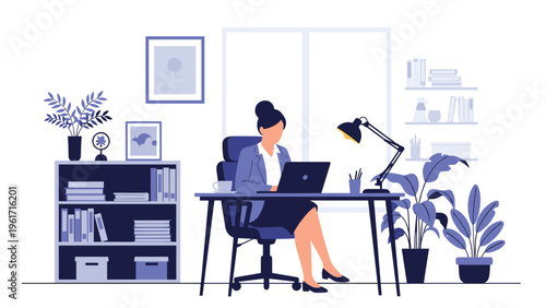 Professional young woman working on her laptop in a bright and modern office filled with green plants and books.