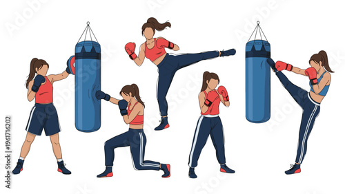 Set of female boxer character movements practicing different kicks and punches on a heavy punching bag for fitness training.
