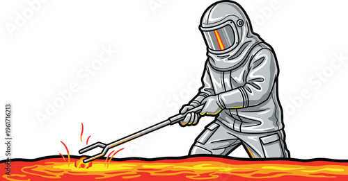 Industrial worker handling molten metal with tongs