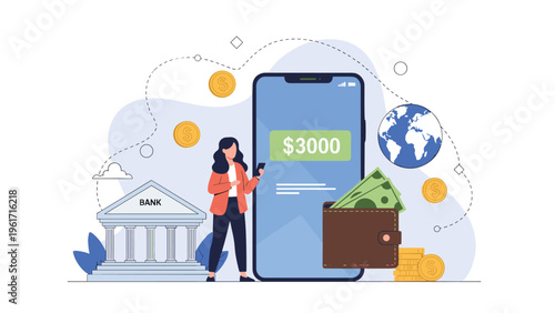 Digital banking and mobile payment concept showing a woman using a smartphone to transfer money with a bank building icon.