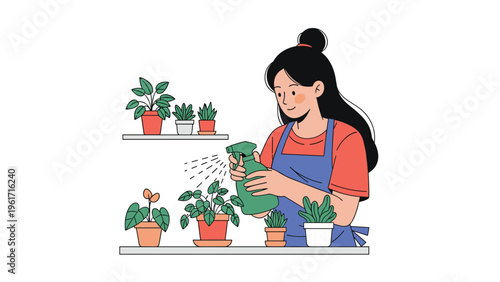 Young woman wearing an apron while spraying water on various potted indoor plants arranged on white shelves at home.