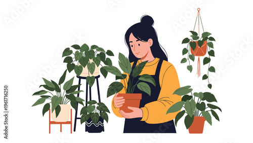 Young woman taking care of her urban jungle by holding a potted plant in a room filled with various green indoor plants.