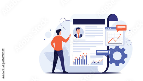 Data analytics and personal branding concept with a man reviewing a digital profile document with charts and gears.
