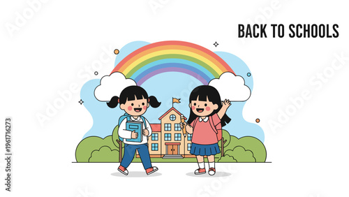 Cheerful school girls walk together in front of their school building under a bright rainbow during a back to school event.