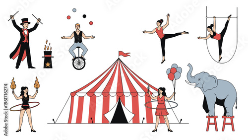 Diverse collection of circus performers including a magician, juggler, acrobat, and elephant gather around a red and white striped tent.