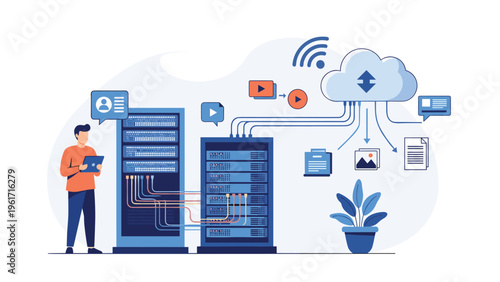 IT professional manages data servers and network infrastructure while connecting local hardware to cloud storage for secure information.