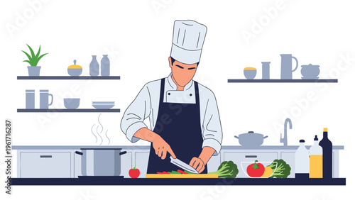 Professional chef in a white uniform and hat carefully prepares fresh vegetables on a cutting board in a modern commercial kitchen.