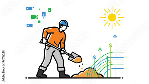 Hardworking construction worker uses a shovel to move earth next to rising green arrows symbolizing economic growth and development.