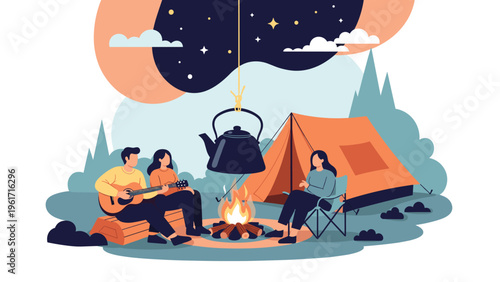 Group of friends enjoys a peaceful camping trip by a warm bonfire under a beautiful starry night sky with a tent and forest.