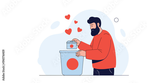 Kind man places a heart symbol into a donation bin to represent charity support and community kindness.