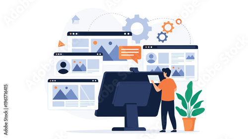 Designer manages multiple website layouts and digital content windows on a large computer monitor in a creative studio.