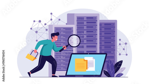 Experienced it administrator uses a magnifying glass to inspect server hardware and ensure network stability in a data center.