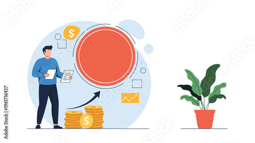 Financial advisor manages a portfolio of gold coins and reviews a growth chart to ensure long term wealth and prosperity.