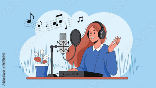 Joyful female podcaster records a new episode using a professional microphone and headphones in her creative sound studio.