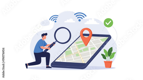 Curious man uses a large magnifying glass to find a specific destination on a digital map displayed on a mobile phone.
