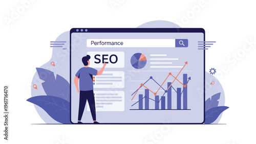 Digital marketing specialist analyzing website performance data and SEO metrics on a large computer screen display.