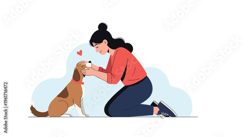 Young woman kneeling on the floor affectionately stroking her pet beagle dog against a clean white background.