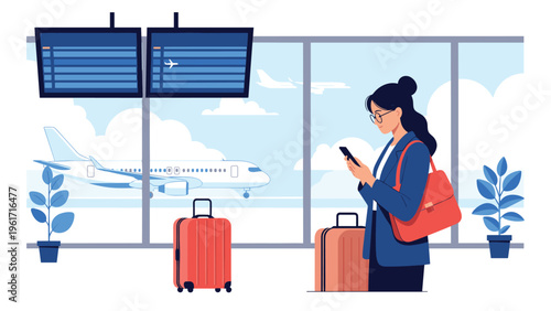 Professional woman checking flight details on her smartphone while waiting at an airport terminal near her luggage.