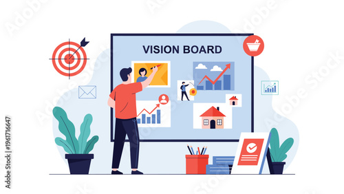 Man creating a vision board with various goals like family, career growth, and buying a house on a large display.
