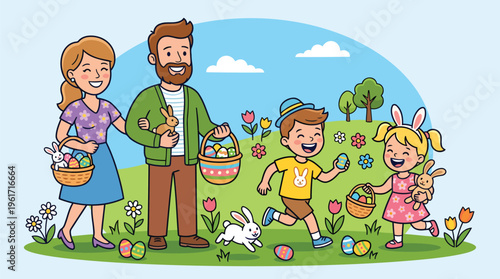 Excited kids running with baskets for Easter egg hunt trendy flat vector style