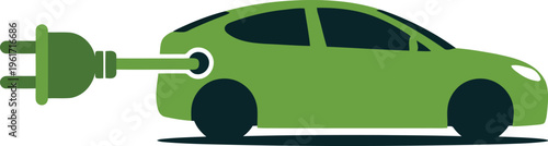 Green electric car with a large charging plug directly connected to its charging port