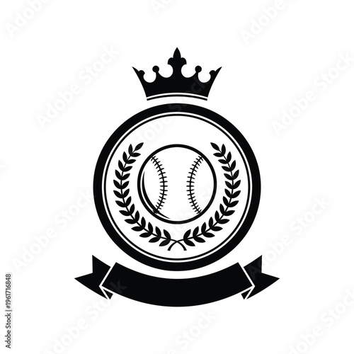 Baseball emblem vector with crown, laurel wreath, and ribbon in black and white style