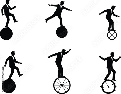 Business risk concept with businessman balancing on ball and wheel, stability challenge, leadership decision, uncertainty management, corporate strategy vector illustration set