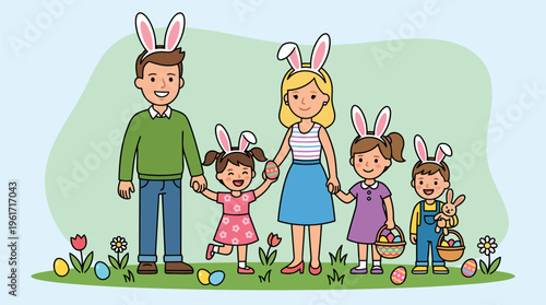 Family posing in garden by height for Easter photo modern flat vector art